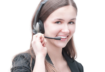 closeup. portrait of an employee call center sitting behind a Desk