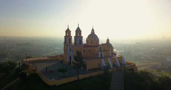 Beautiful Cinematic Aerial View Of Pueblas Church Pyramid In Mexico City