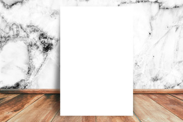 White blank paper mock up on wood floor with white marble wall texture background