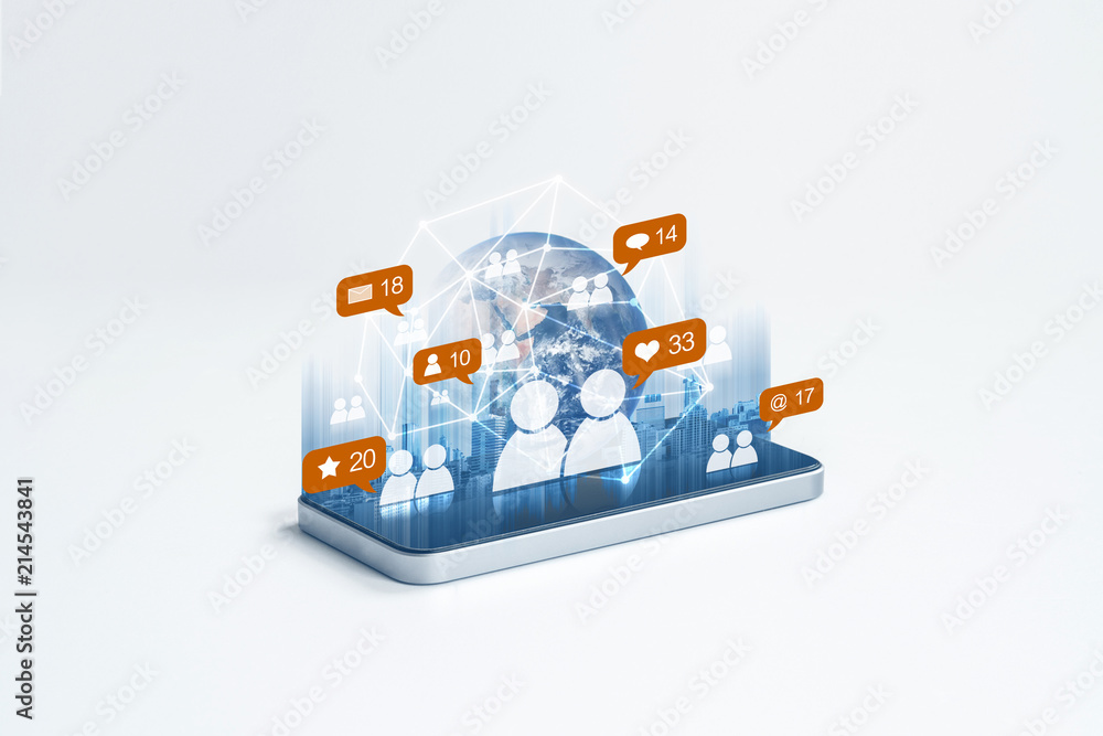 Poster mobile phone internet network with social network and social media notification icons. element of th