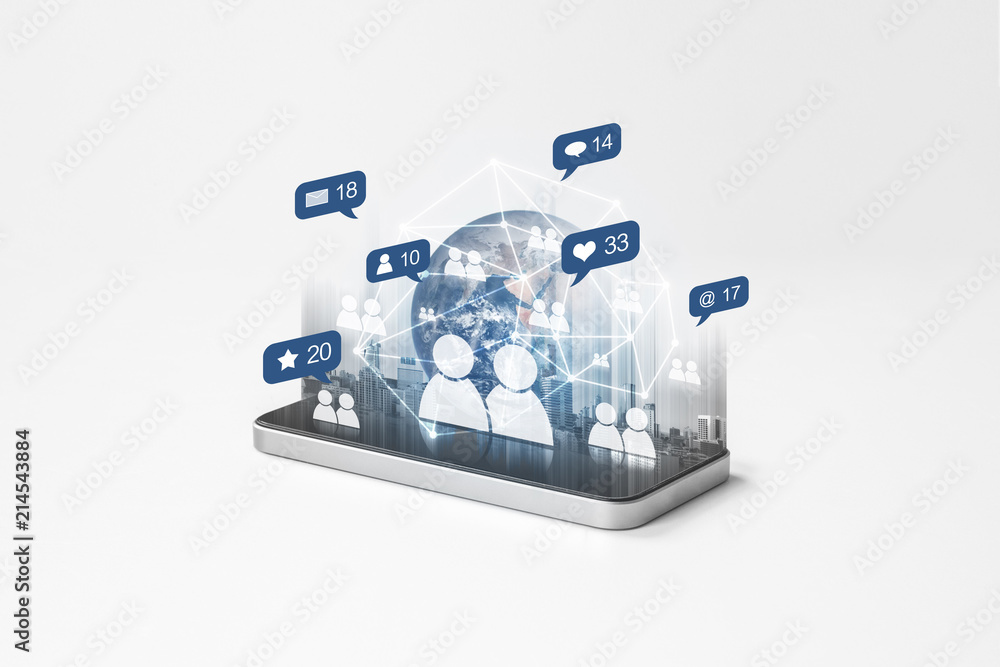 Poster mobile phone internet network with social network and social media notification icons. element of th