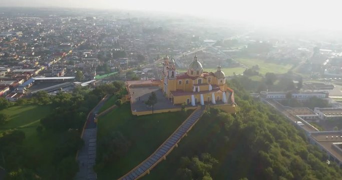 Beautiful Cinematic Aerial View Of Pueblas Church Pyramid In Mexico City