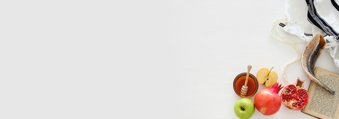 Rosh hashanah (jewish New Year holiday) concept. Traditional symbols.