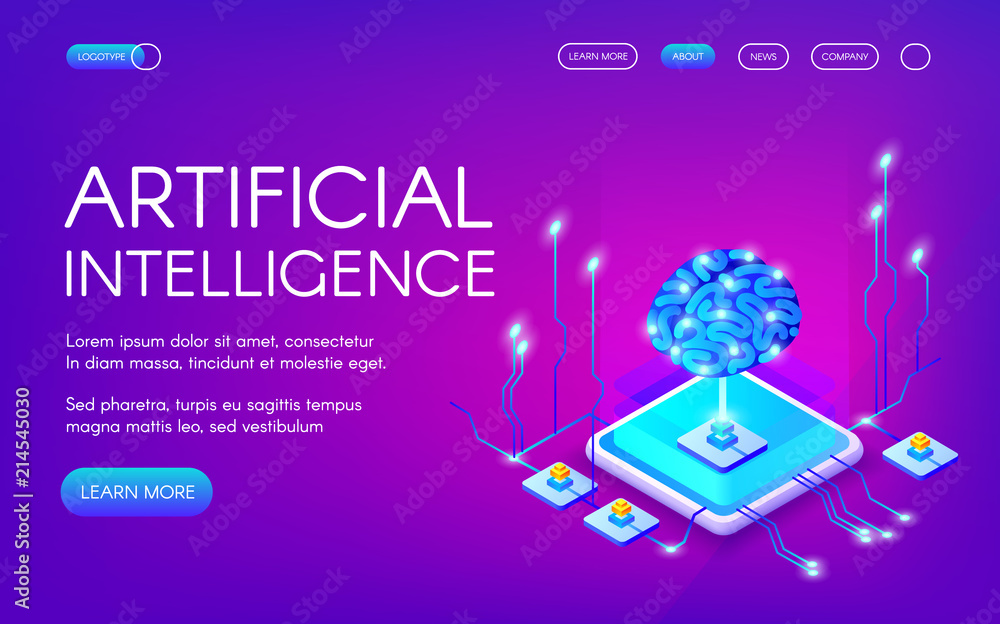 Poster artificial intelligence vector illustration of human brain with digital neurons chipset. cyborg mind