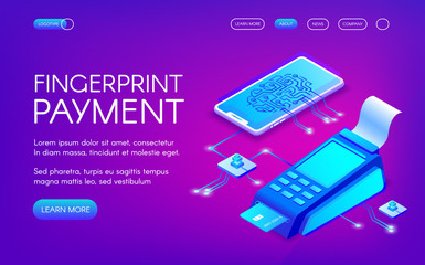 Fingerprint payment vector illustration of secure payment technology with personal authentication. Smartphone and credit card POS terminal for purchase transaction on purple ultraviolet background