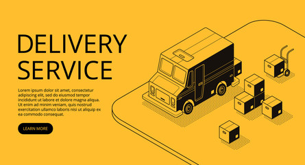 Delivery service vector illustration of thin line art in black isometric halftone style. Logistics transport technology of loader truck car and parcel boxes on yellow background