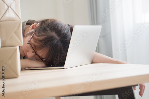 Exhausted Asian Woman Business Working Overnight And Sleep At Work