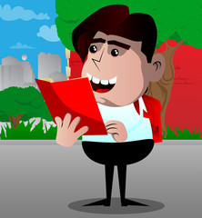 Schoolboy reading a red book. Vector cartoon character illustration.