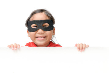 Superhero girl smiling on white banner board