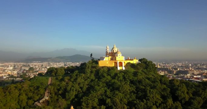 Beautiful Cinematic Aerial View Of Pueblas Church Pyramid In Mexico City