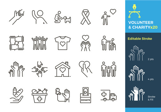 Vector thin line icons related with humanitarian causes - volunteering, adoption, donations, charity, non-profit organizations. The stroke is editable to different sizes and easily changed into flat.