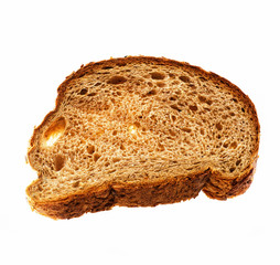 Top view of slice of wholegrain bread isolated over white background