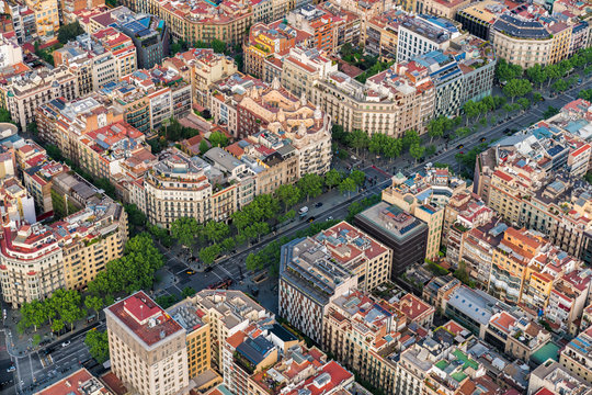 Barcelona aerial view, Eixample residencial famous urban grid, Spain