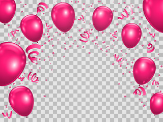 Celebration background wiht pink balloons and ribbons. Vector illustration.