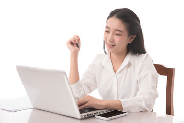 Young pretty asian business woman with notebook in the office on white background.