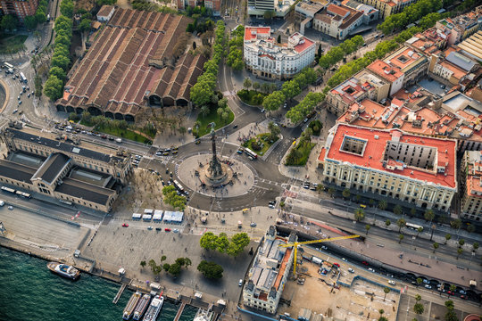 Aerial view of Barcelona seafront Mirador Monument, Spain