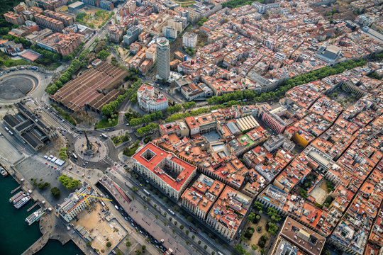 Aerial view of Barcelona Old Town and famous La Rambla boardwalk, Spain