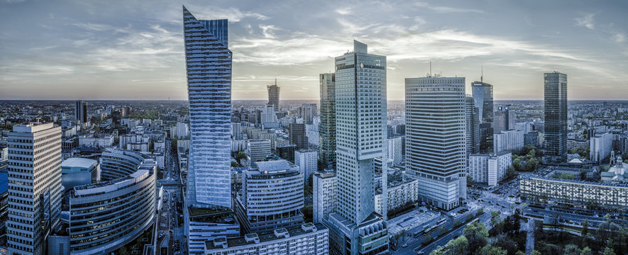 Warsaw city with modern skyscraper at sunset-Panorama