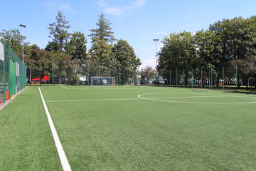 Fototapeta premium Marking a green artificial football field with a grass cover in the city stadium. The place for conducting competitions and sporting events. Landscape design of a sports complex