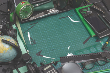 Closeup creative black desk hero header setting.