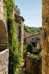 Fototapeta na wymiar View through a small romantic alley in the old medieval village Labeaume in France