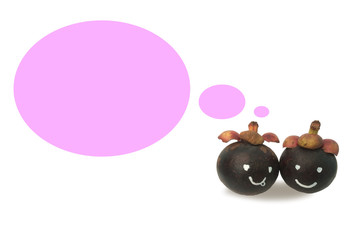 Two mangosteen with text box pink color on isolate white background.