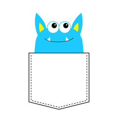 Blue monster silhouette in the pocket looking up. Cute cartoon scary funny baby character. T-shirt design. Eyes, fang tooth, ears. White background. Happy Halloween. Flat design.