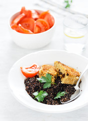 Oat prunes burgers black quinoa white background Healthy balanced food