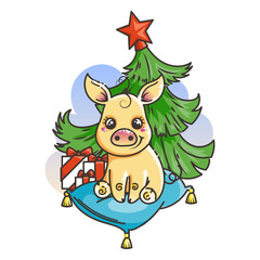 Obraz na płótnie Canvas Happy New 2019 Year card with cartoon golden baby pig. Small symbol of holiday.