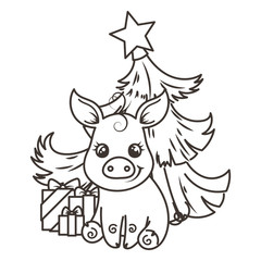 Happy New 2019 Year card with cartoon baby pig. Small symbol of holiday.