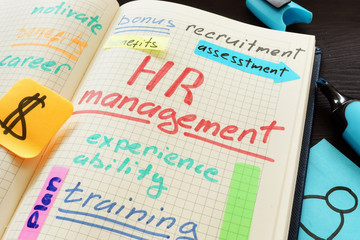 HR human resource management. Note and pen. - obrazy, fototapety, plakaty