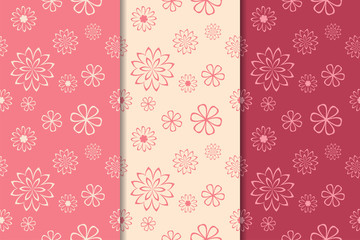 Set of red floral ornaments. Cherry pink vertical seamless patterns