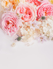 Obraz na płótnie Canvas Sweet color fabric roses and white ribbon in soft style for background. Overhead top view, flat lay. Copy space. Wedding, Birthday, Mother's, Valentines, Women's Day concept
