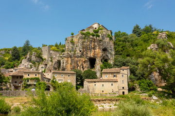 Fototapeta premium Houses of the small medieval village Labeaume, built in the rocky gorges and rock faces of the Ardeche in France