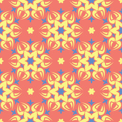 Floral seamless pattern. Bright pink orange background with yellow and blue flower elements