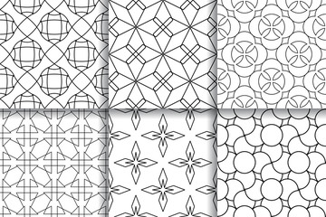 Black and white seamless patterns. Geometric backgrounds