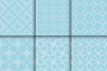 Geometric Patterns. Collection of Light blue seamless backgrounds