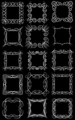 Set of fifteen square white monogram elements on a black background. Vector illustration.
