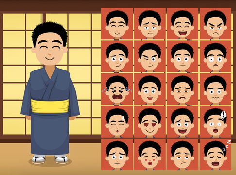 Japanese Boy Cartoon Emotion faces Vector Illustration