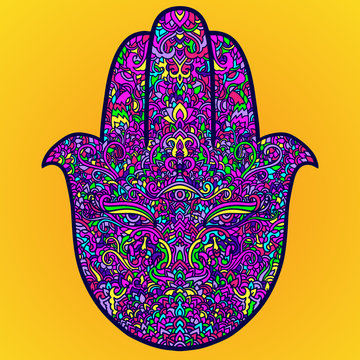 Hamsa symbol. Fatima hand pattern. Vector illustration. Indian mandala ornament. Asian purple authentic background.