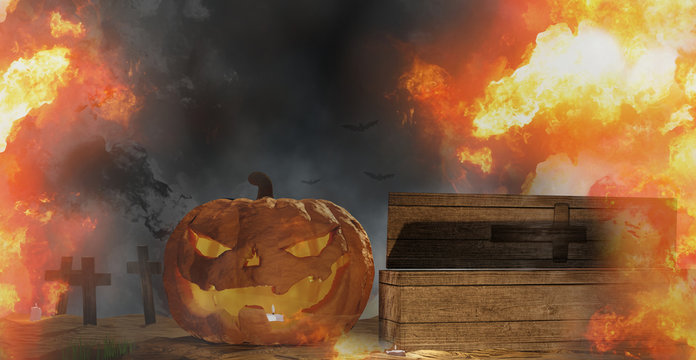 Halloween Pumpkin Coffin Graveyard With Halloween Grave Cross And Fire Flames 3d-illustration