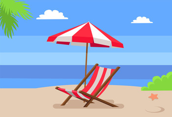 Seaside and Hammock-Chair Under Umbrella Palm Tree