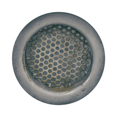 Round porthole with rusty grid isolated on white background