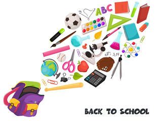 Hand drawn school objects flying out of backpack composition. Vector illustration of school accessories isolated on white background. Back to school.