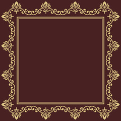 Fototapeta na wymiar Classic vector square frame with golden arabesques and orient elements. Abstract ornament with place for text. Vintage pattern