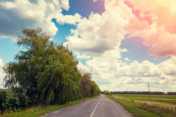 Country road with trees and beautiful cloudy sky  in a sunny day