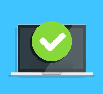 Laptop With Checkmark Or Tick Notification Sign Flat Design. Computer Pc With Approved Choice, Idea Of Task Done, Updated Or Download Complete, Accept Or Approve Checkmark Virus Update, Security Icon