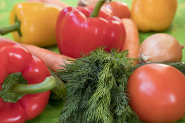 Set of various colorful fresh raw vegetables on a colored background