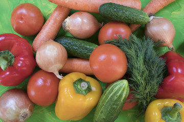 Set of various colorful fresh raw vegetables on a colored background