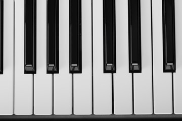 Piano keyboard of synthesizer close-up. Top view